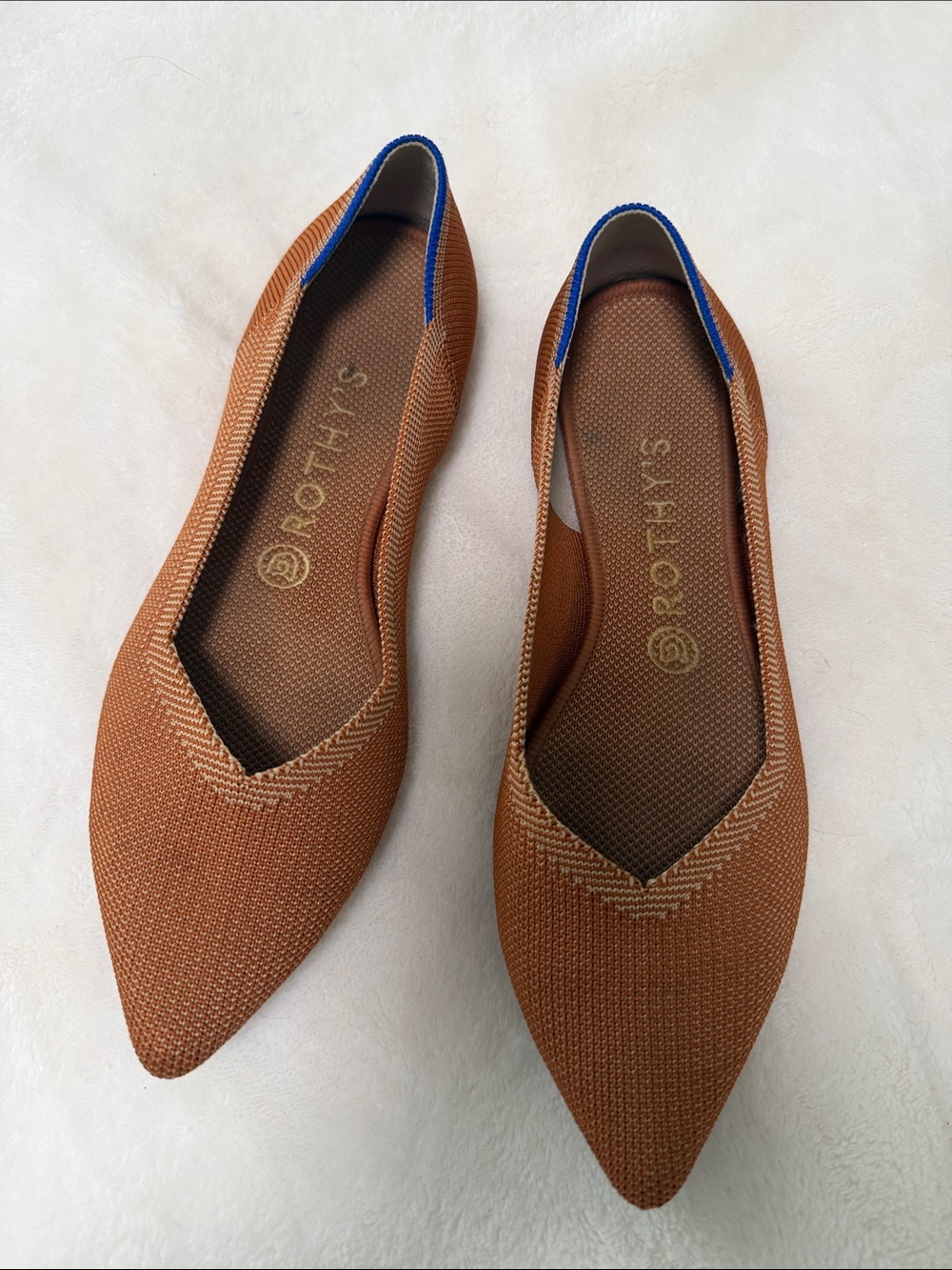 Rothy's Brown Pointed Knit Flats with Blue Trim